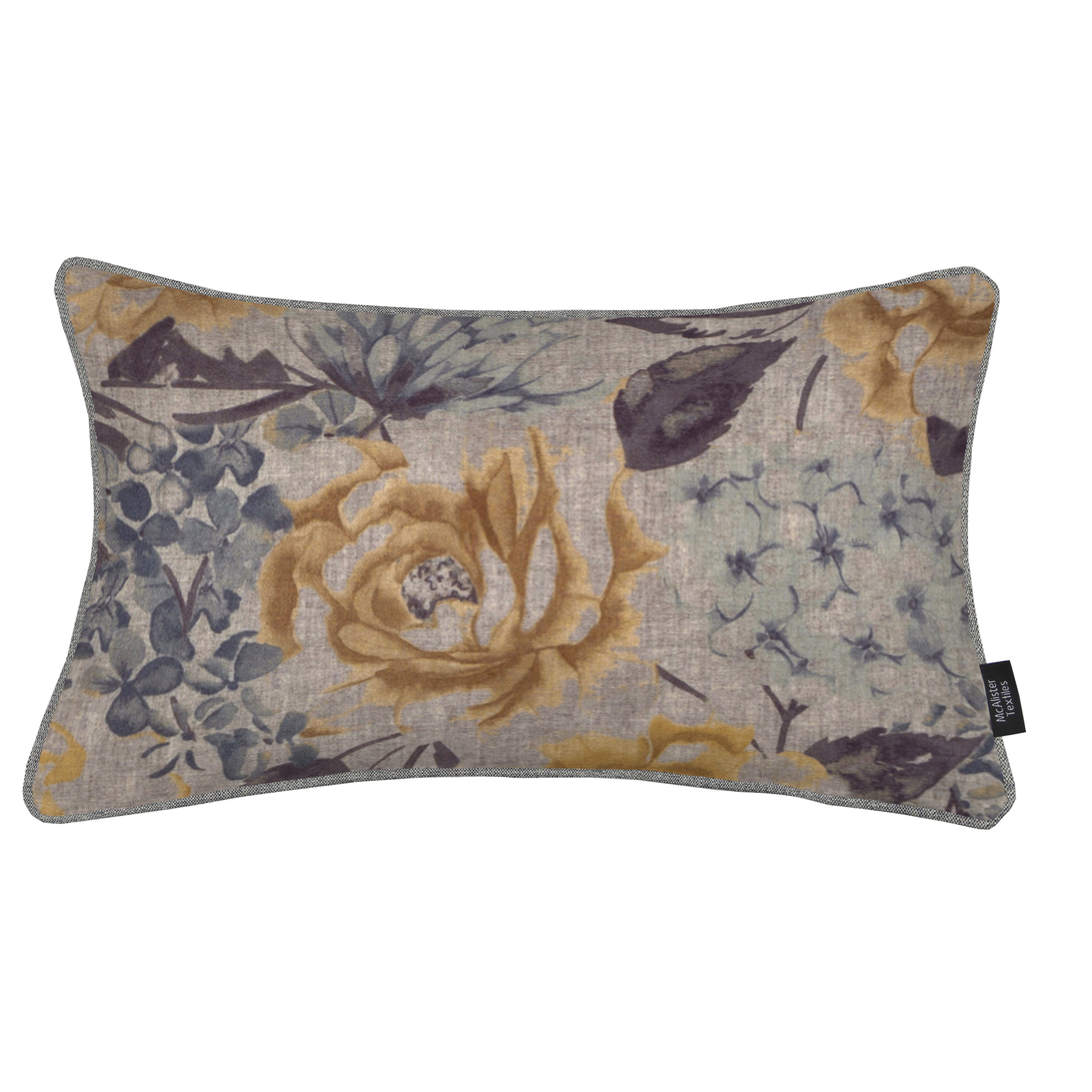 McAlister Textiles Blooma Blue, Grey and Ochre Floral Cushion Cushions and Covers 