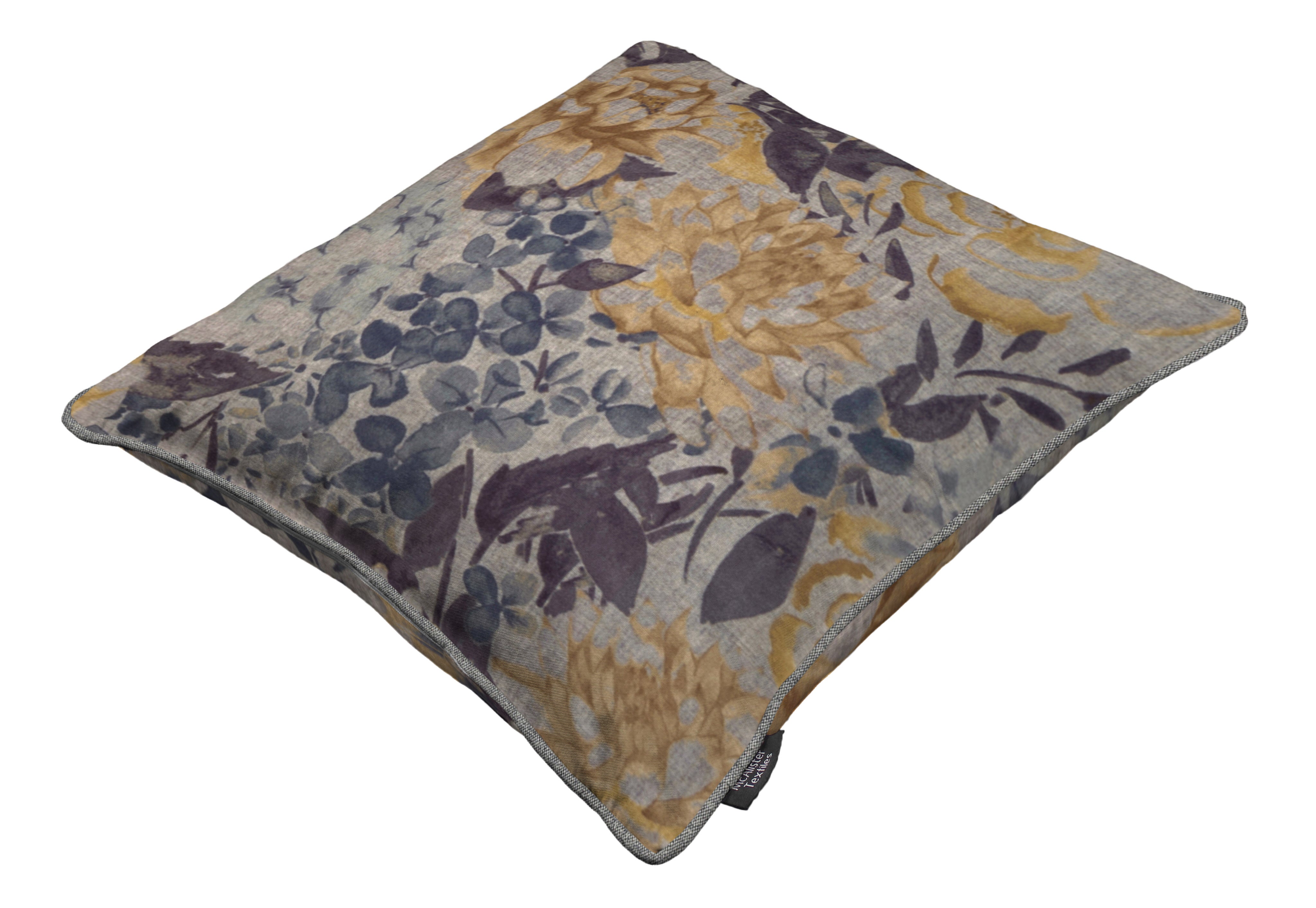 McAlister Textiles Blooma Blue, Grey and Ochre Floral Cushion Cushions and Covers 