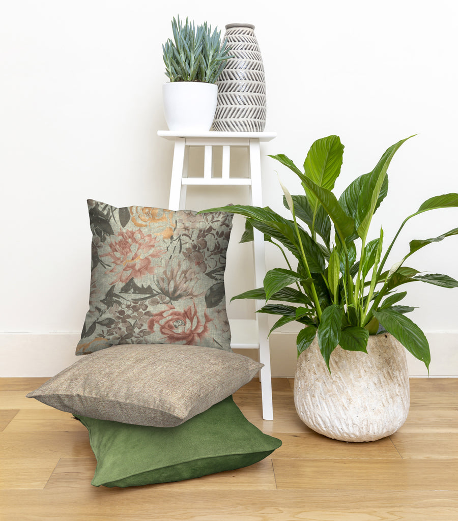 McAlister Textiles Blooma Green, Pink and Ochre Floral Cushion Cushions and Covers 