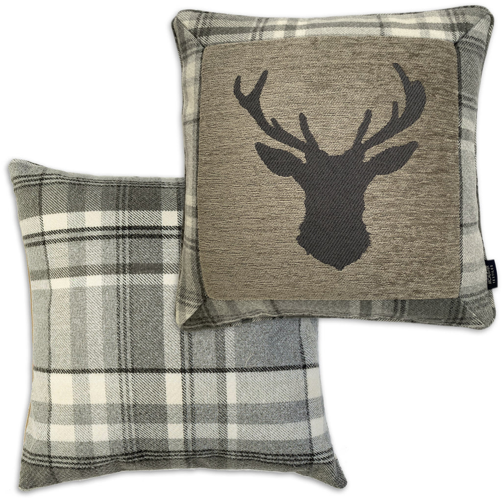 McAlister Textiles Stag Charcoal Grey Tartan 43cm x 43cm Cushion Set Cushions and Covers Set of 2 cushions 