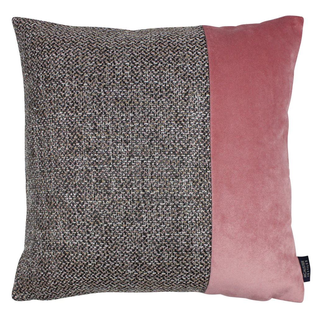 McAlister Textiles Lewis Velvet Border Tweed Cushion Grey Heather and Pink Cushions and Covers Cover Only 43cm x 43cm 