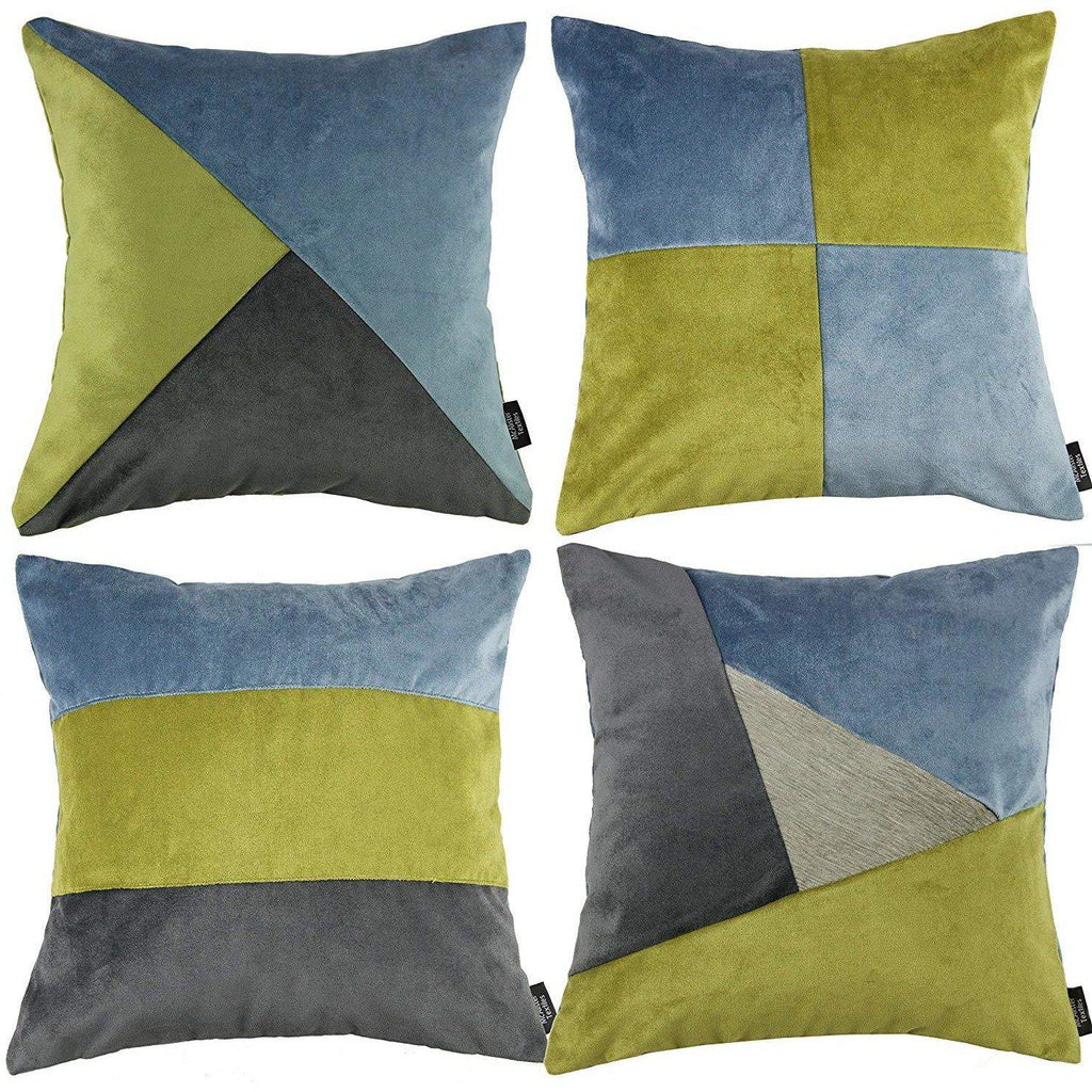 McAlister Textiles Patchwork Velvet Green, Blue + Grey Cushion Set Cushions and Covers Cushion Covers 