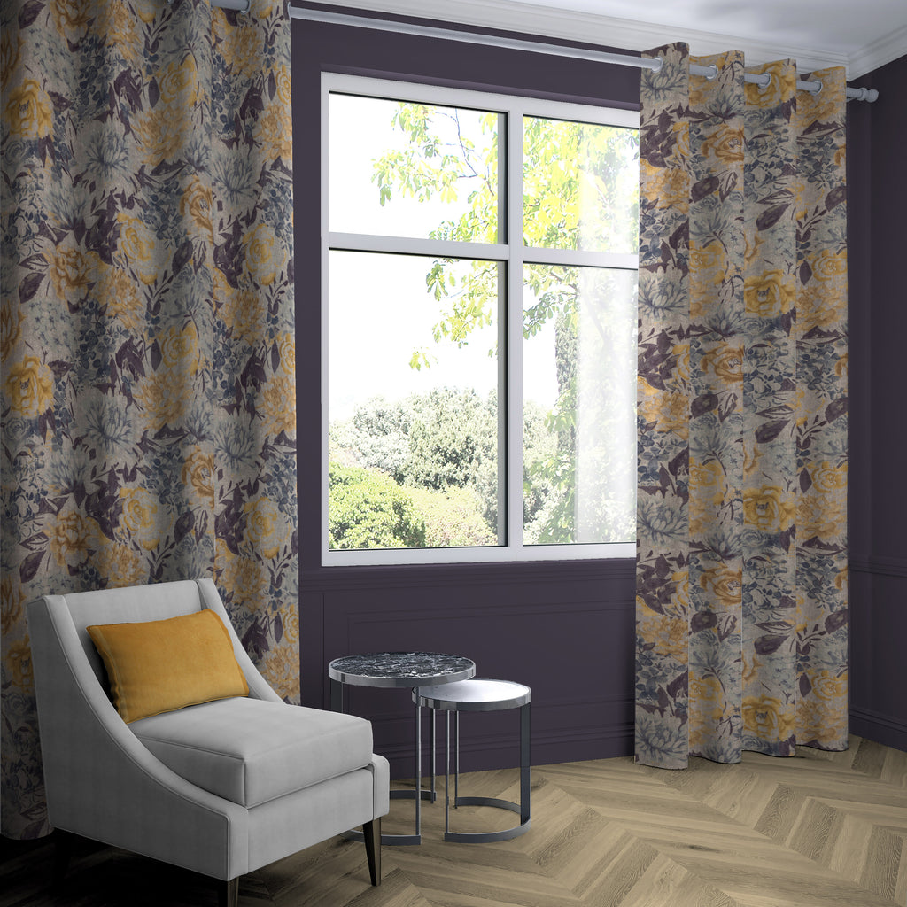 McAlister Textiles Blooma Blue, Grey and Ochre Curtains Tailored Curtains 