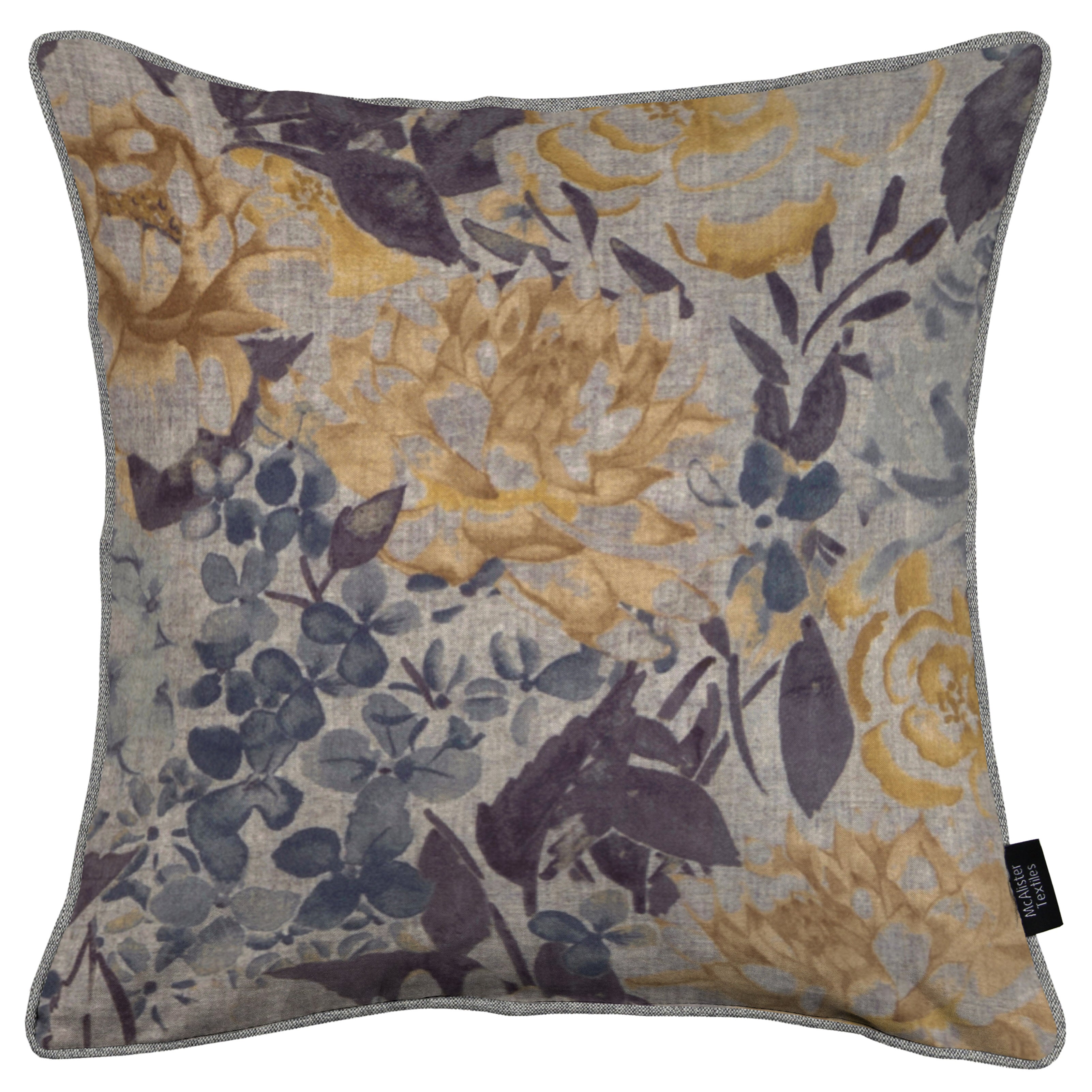 McAlister Textiles Blooma Blue, Grey and Ochre Floral Cushion Cushions and Covers Cover Only 43cm x 43cm 