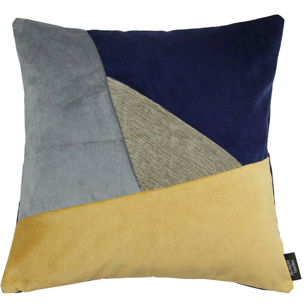 McAlister Textiles Triangle Patchwork Velvet Navy, Yellow + Grey Cushion Cushions and Covers Cover Only 43cm x 43cm 