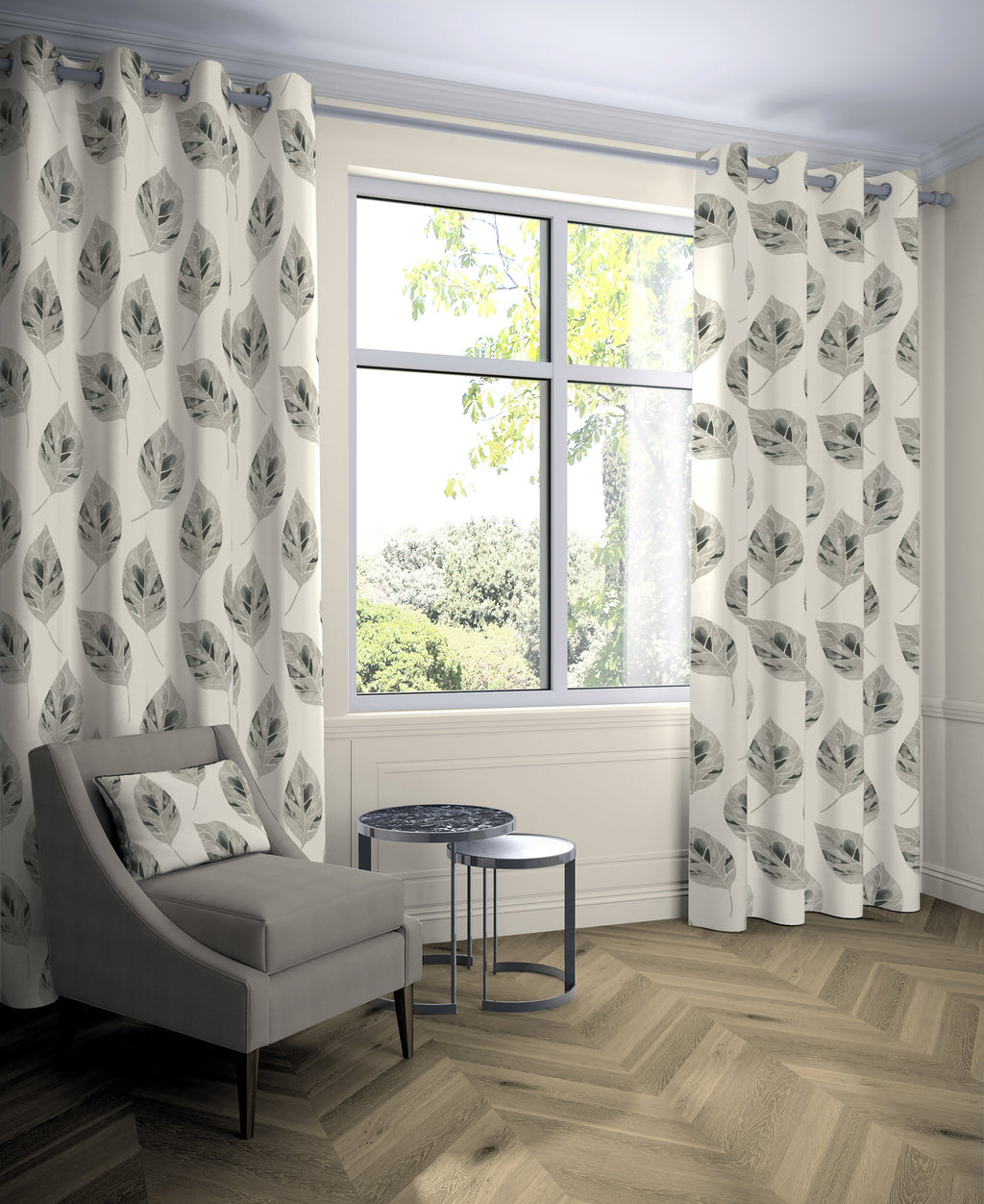 McAlister Textiles Leaf Soft Grey Floral Cotton Print Curtains Tailored Curtains 