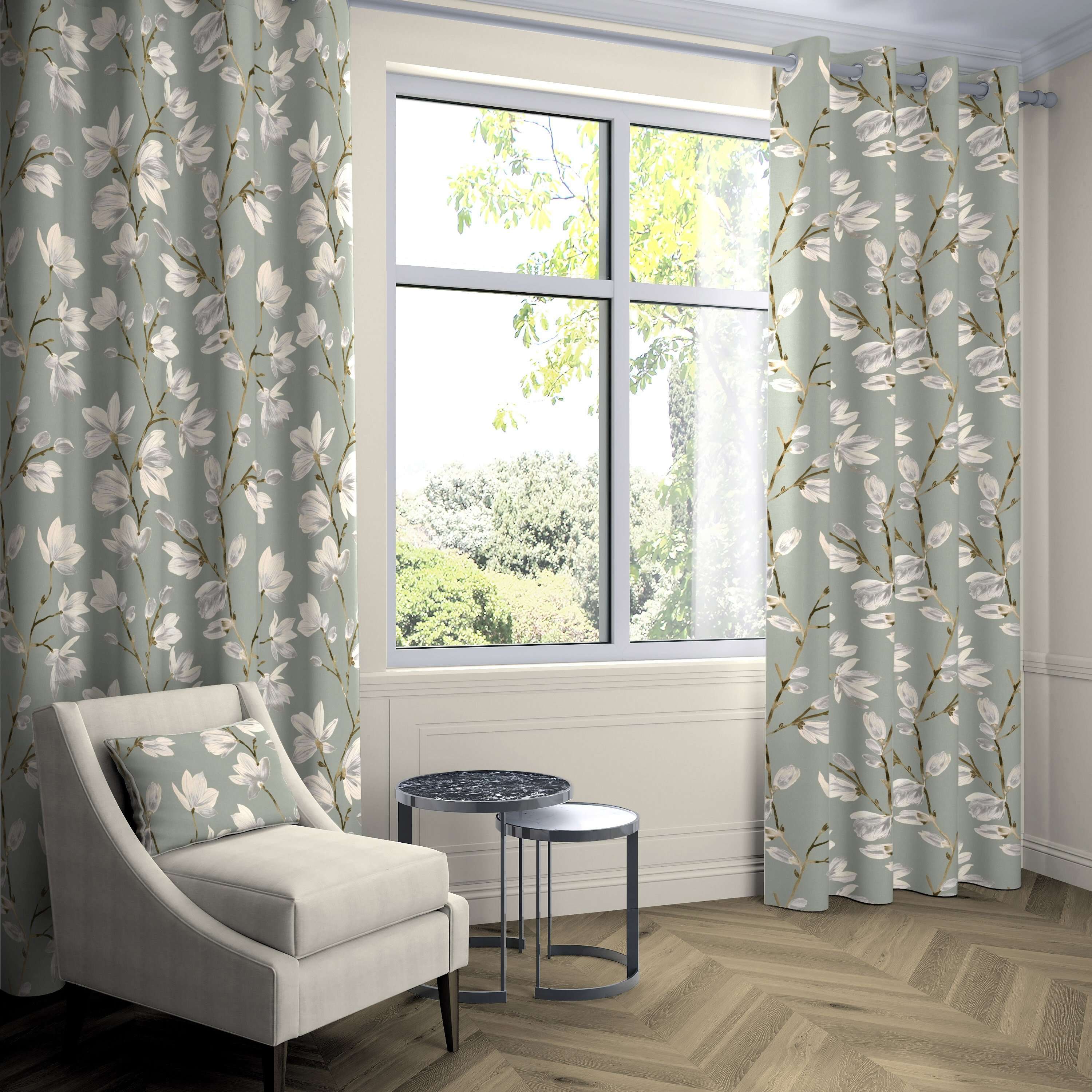 McAlister Textiles Magnolia Duck Egg Floral FR Curtains Tailored Curtains 