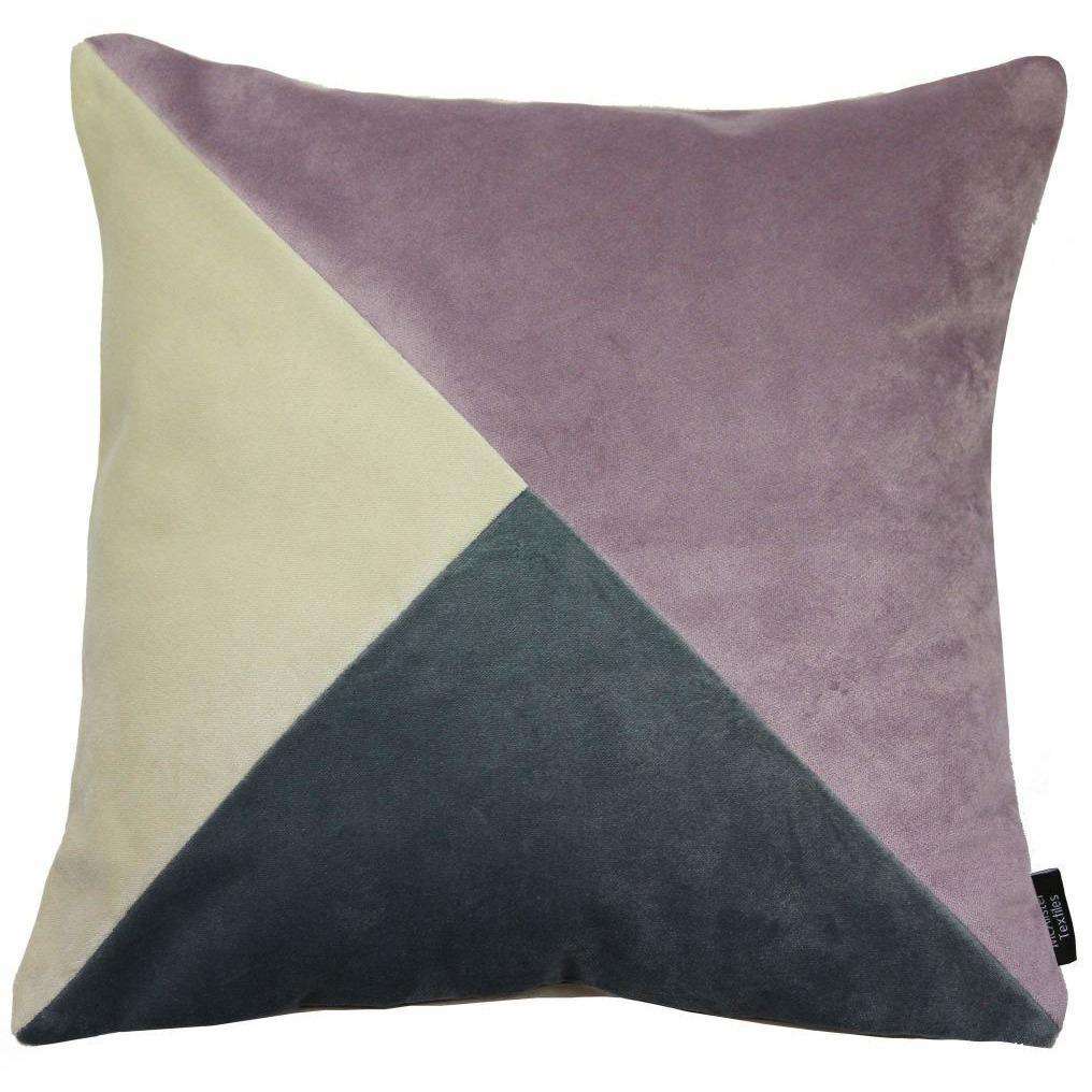 McAlister Textiles Diagonal Patchwork Velvet Purple, Gold + Grey Cushion Cushions and Covers Cover Only 43cm x 43cm 