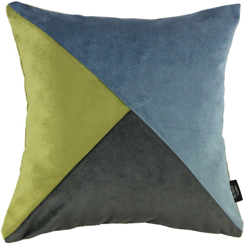 McAlister Textiles Diagonal Patchwork Velvet Blue, Green + Grey Cushion Cushions and Covers Cover Only 43cm x 43cm 