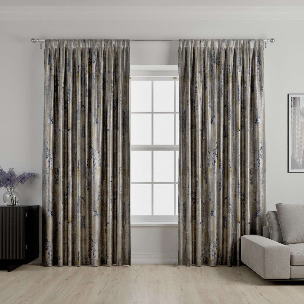 McAlister Textiles Aura Grey Natural Printed Velvet Curtains Tailored Curtains 