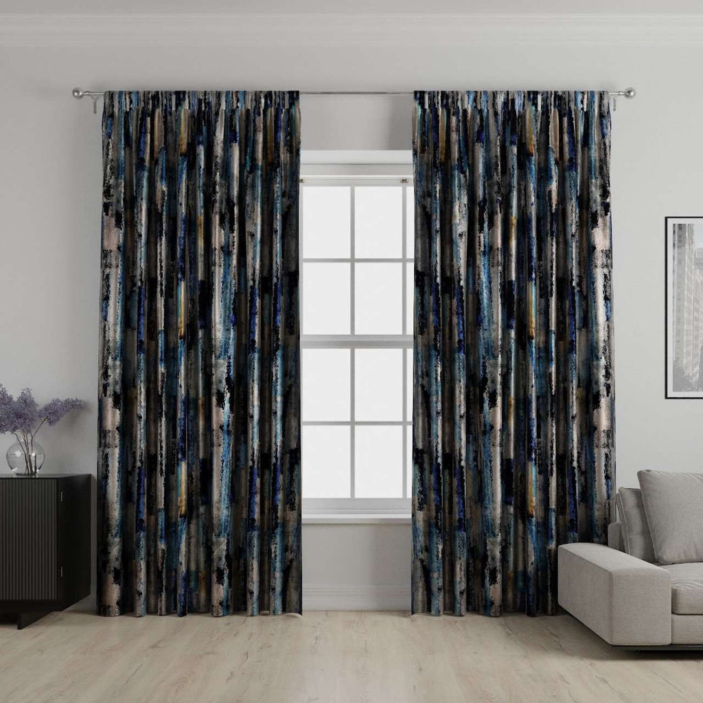 McAlister Textiles Aura Navy Blue Printed Velvet Curtains Tailored Curtains 