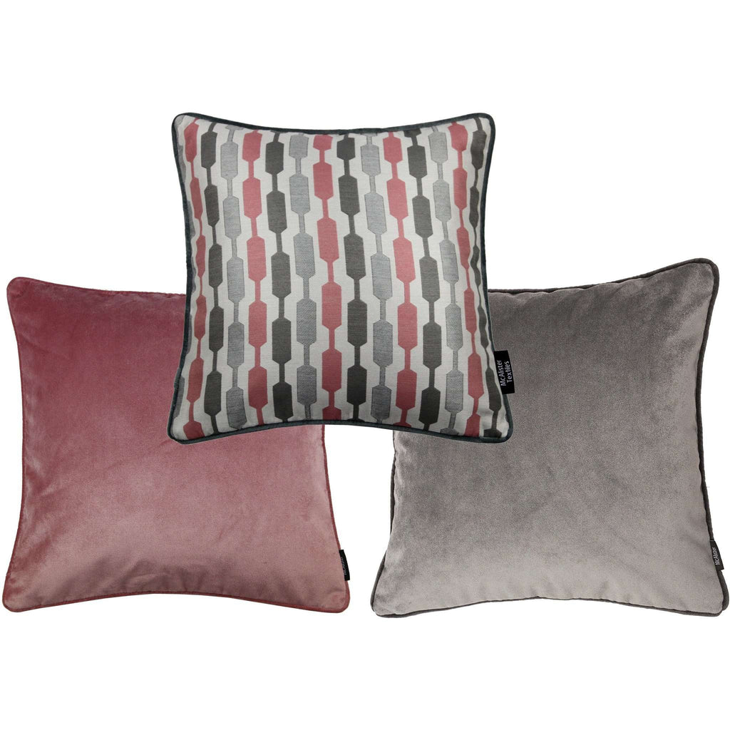 McAlister Textiles Blush Pink Geometric and Plain Velvet 43cm x 43cm Cushion Set of 3 Cushions and Covers Cushion Cover 
