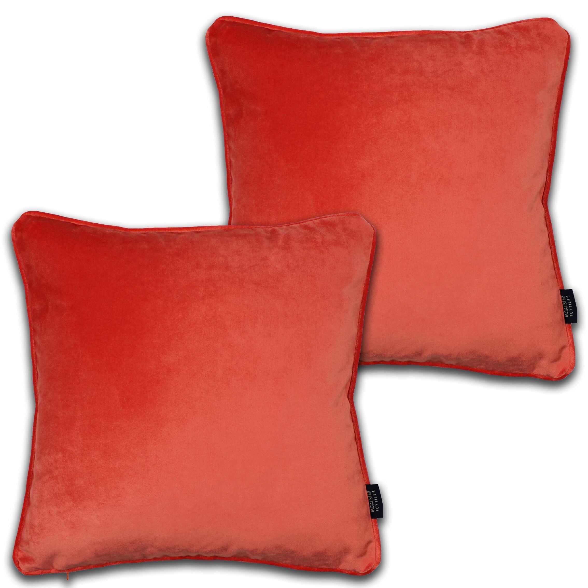 McAlister Textiles Matt Coral Pink Velvet 43cm x 43cm Piped Cushion Sets Cushions and Covers Cushion Covers Set of 2 