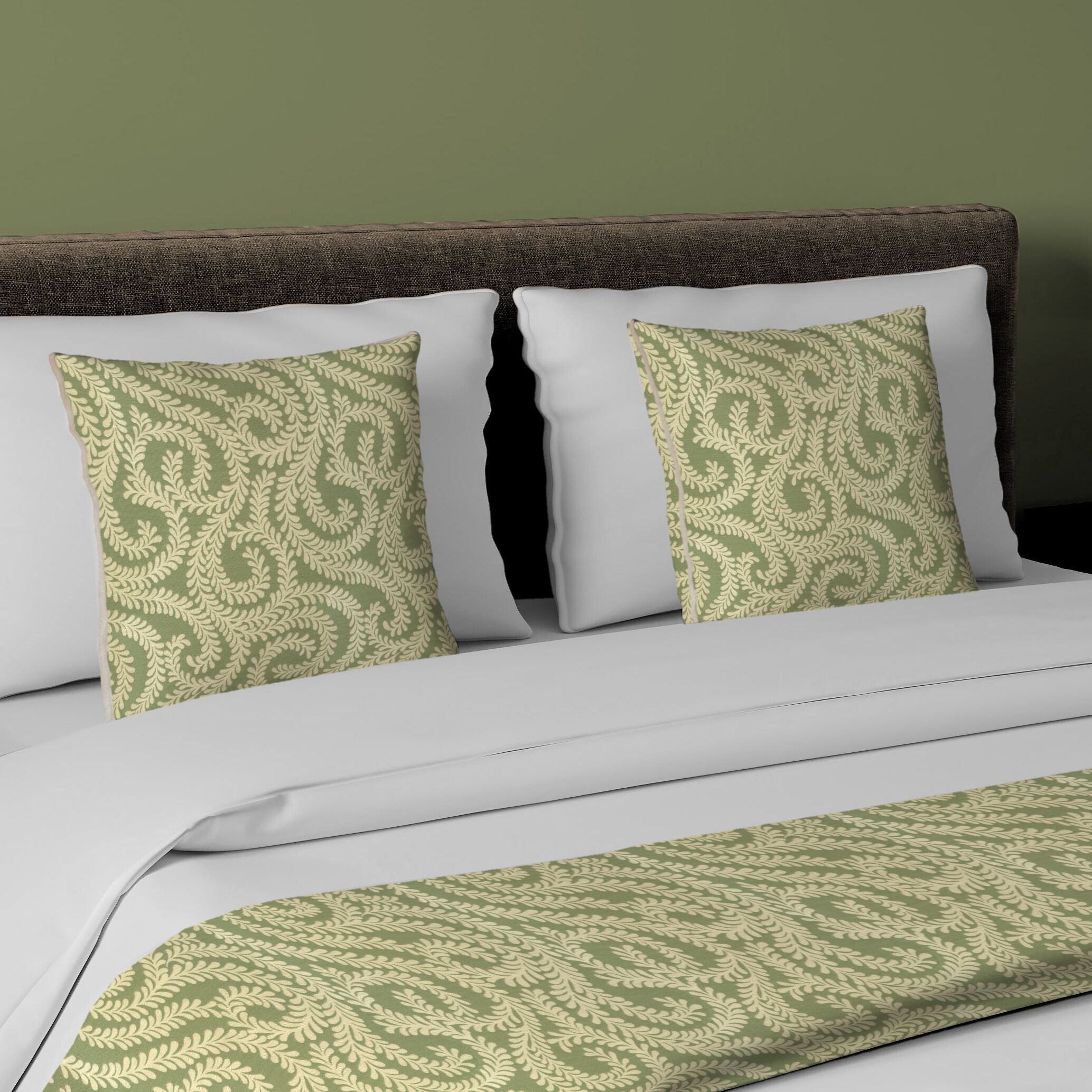 McAlister Textiles Little Leaf Sage Green Bedding Set Bedding Set Runner (50x240cm) + 2x Cushion Covers 
