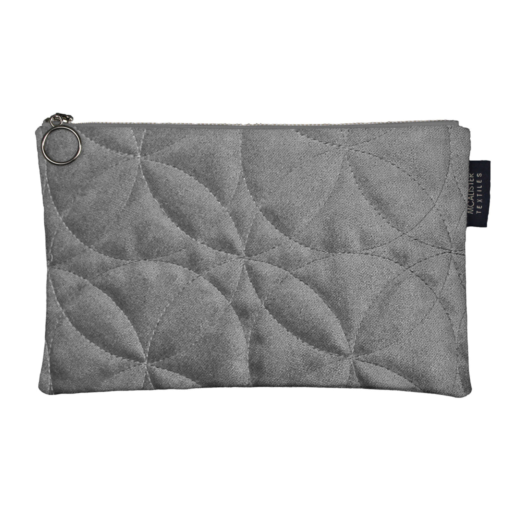 McAlister Textiles Circular Pattern Silver Velvet Makeup Bag - Large Clutch Bag 