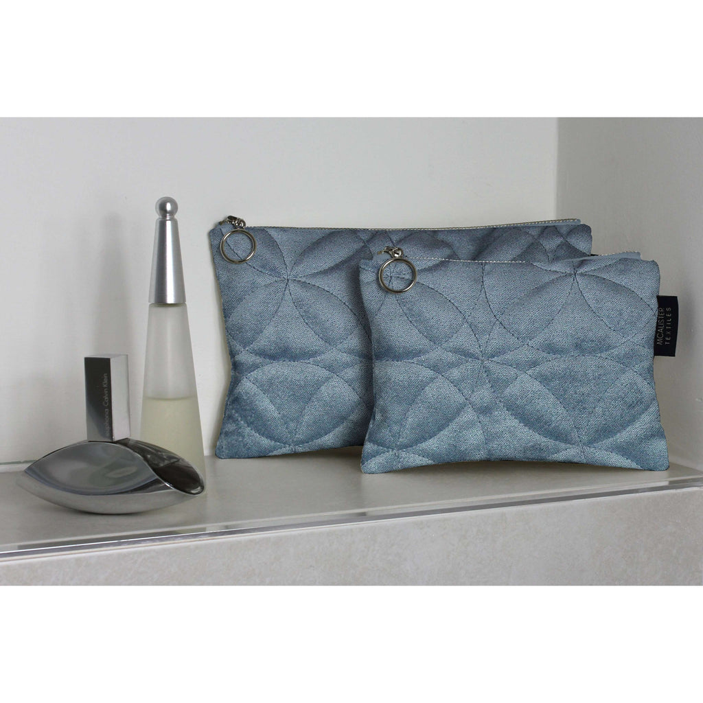 McAlister Textiles Circular Pattern Blue Velvet Makeup Bag Set Clutch Bag 