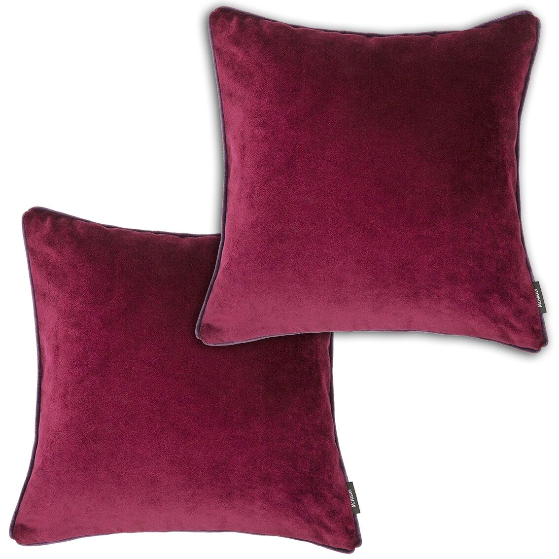 McAlister Textiles Matt Wine Red Velvet 43cm x 43cm Contrast Piped Cushion Sets Cushions and Covers Cushion Covers Set of 2 