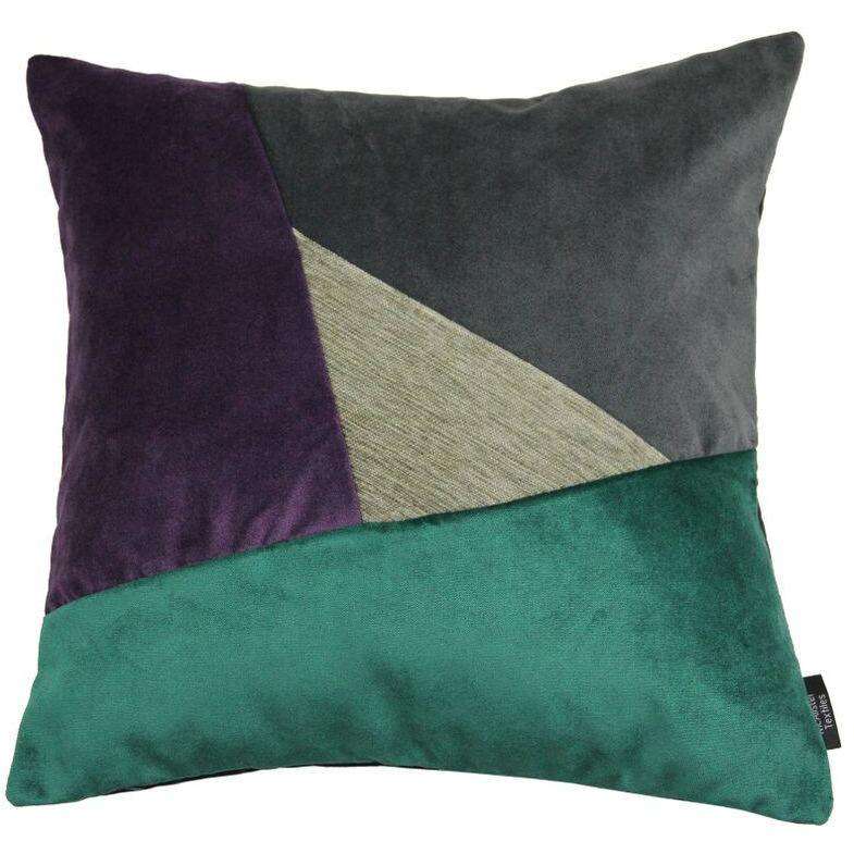 McAlister Textiles Triangle Patchwork Velvet Purple, Green + Grey Cushion Cushions and Covers Cover Only 43cm x 43cm 