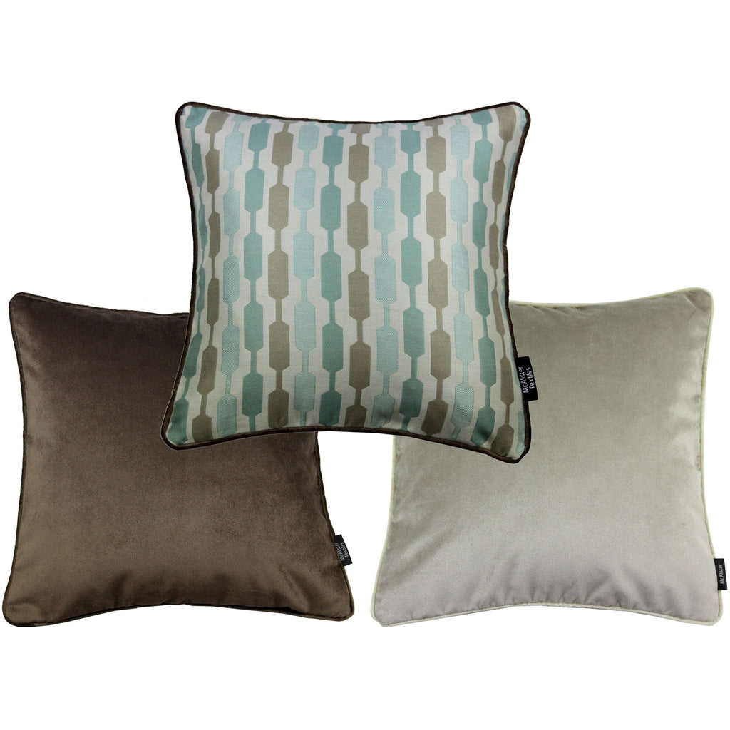 McAlister Textiles Duck Egg Blue Geometric and Plain Velvet 43cm x 43cm Cushion Set of 3 Cushions and Covers Cushion Cover 